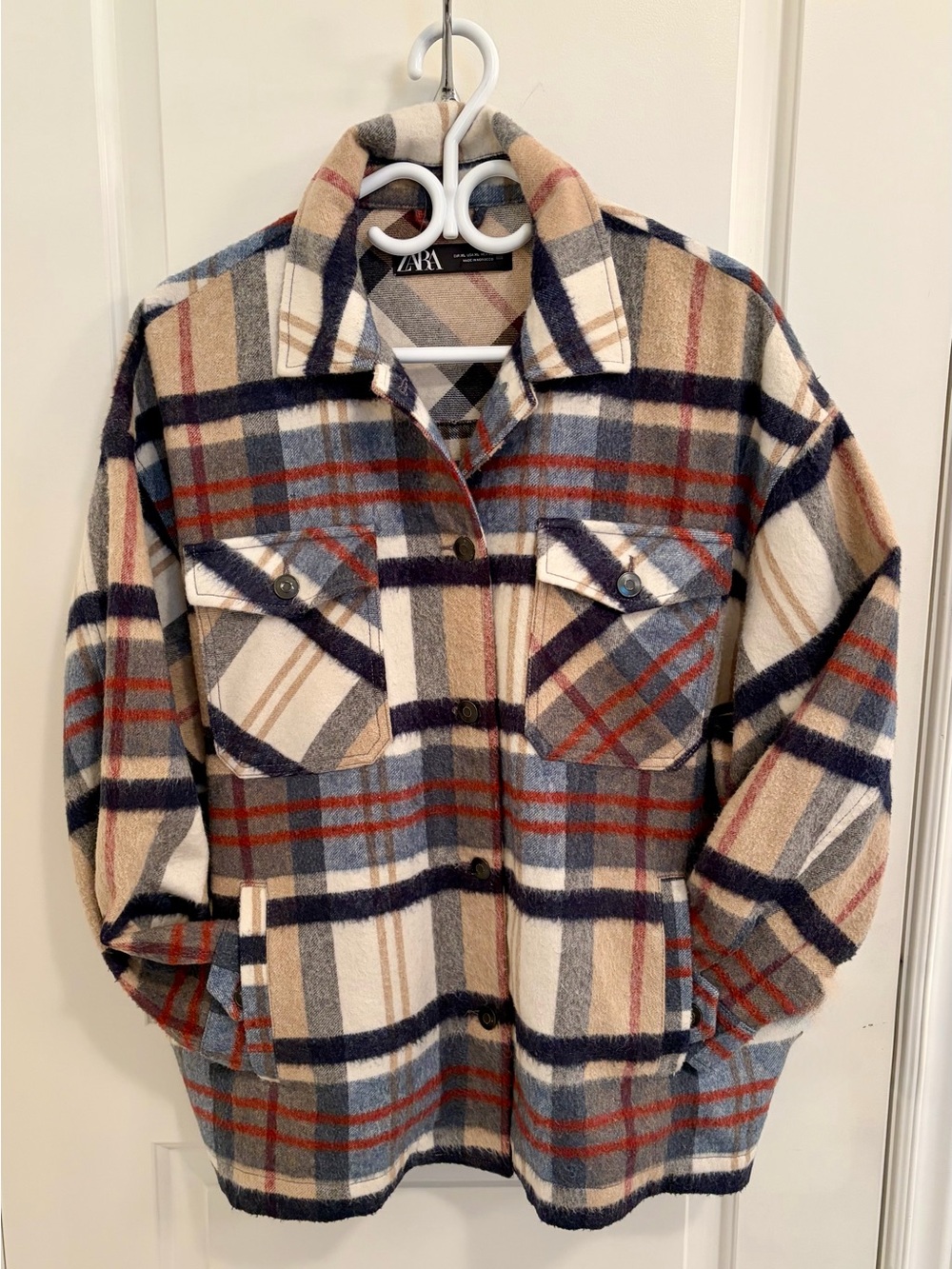 ZARA Plaid Shirt Jacket in Cream, Black & Red Accents